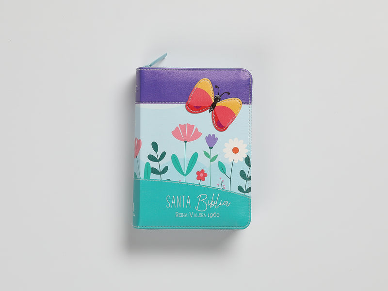 Cargue la imagen en el visor de la galería, Biblia de Bolsillo RVR 1960, Cierre zíper, imitación piel lila/azul/turquesa mariposa
