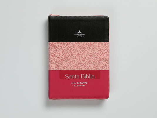 Biblia RVR 1960, Cierre zíper, con índice, Letra Gigante, imitación piel tonos rosados con negro