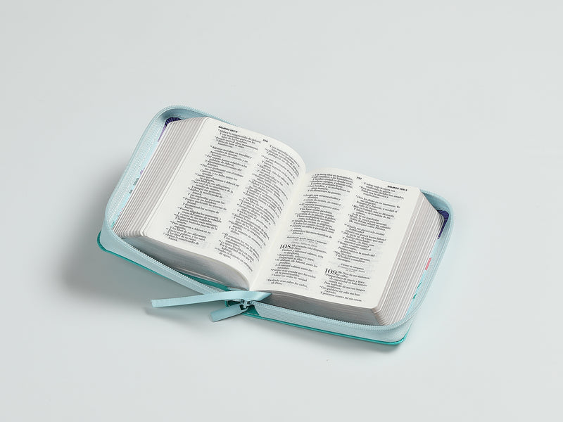 Cargue la imagen en el visor de la galería, Biblia de Bolsillo RVR 1960, Cierre zíper, imitación piel lila/azul/turquesa mariposa
