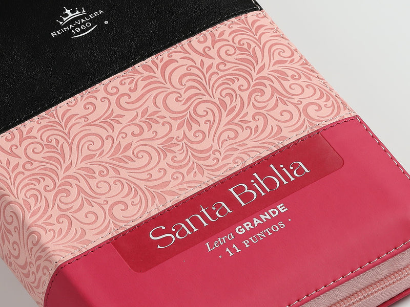 Cargue la imagen en el visor de la galería, Biblia RVR 1960, Cierre zíper, con índice, Letra Gigante, imitación piel tonos rosados con negro
