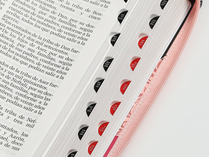 Cargue la imagen en el visor de la galería, Biblia RVR 1960, Cierre zíper, con índice, Letra Gigante, imitación piel tonos rosados con negro
