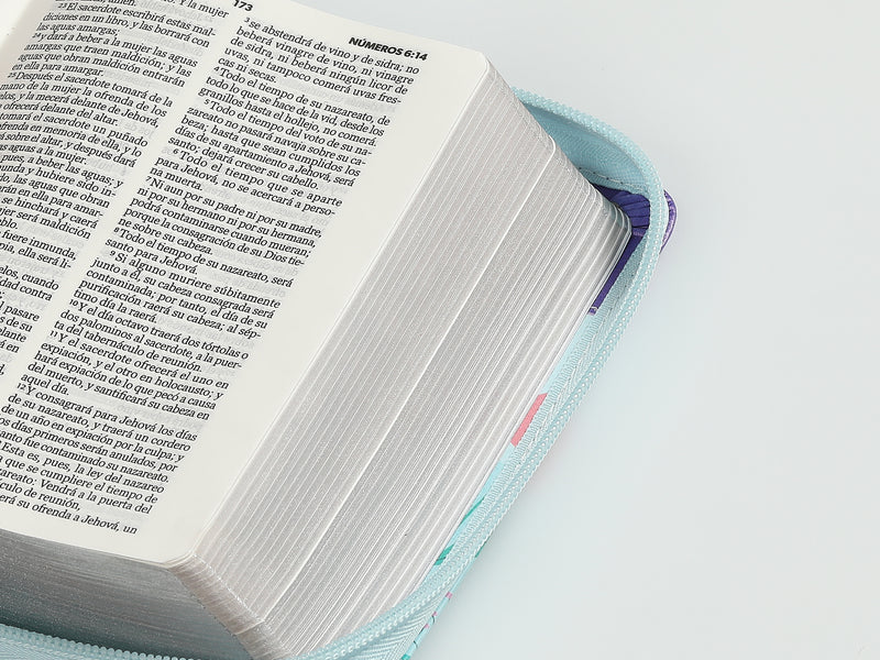 Cargue la imagen en el visor de la galería, Biblia de Bolsillo RVR 1960, Cierre zíper, imitación piel lila/azul/turquesa mariposa
