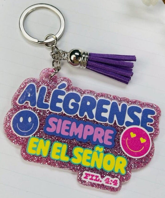 Llavero con glitter Alégrense siempre en el Señor