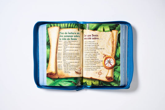 Biblia Aventura para niños NBLA, con cierre de zíper, imitación piel azul
