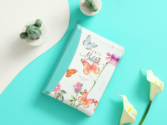 Biblia RVR 1960, Tamaño portátil, Cierre zíper, con índice, Letra Grande, imitación piel turquesa mariposas