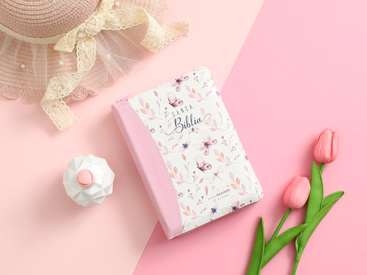 Biblia RVR 1960, Tamaño portátil, Cierre zíper, con índice, Letra Grande, imitación piel rosa mariposas