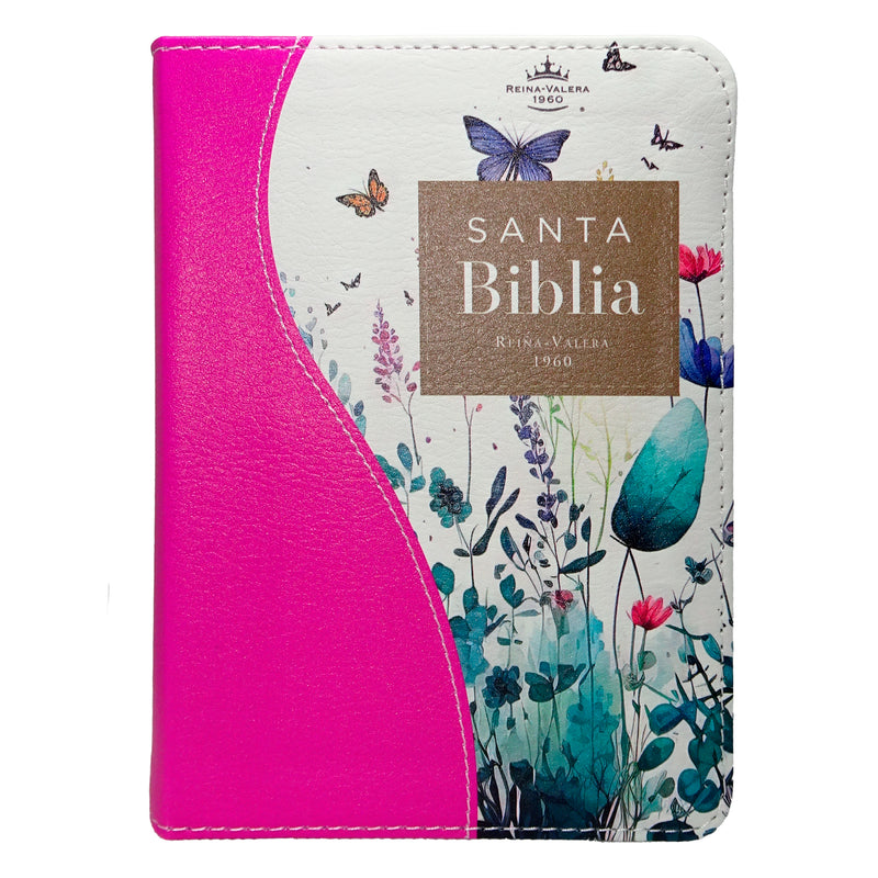 Cargue la imagen en el visor de la galería, Biblia de Bolsillo RVR 1960, imitación piel fucsia flores y mariposas
