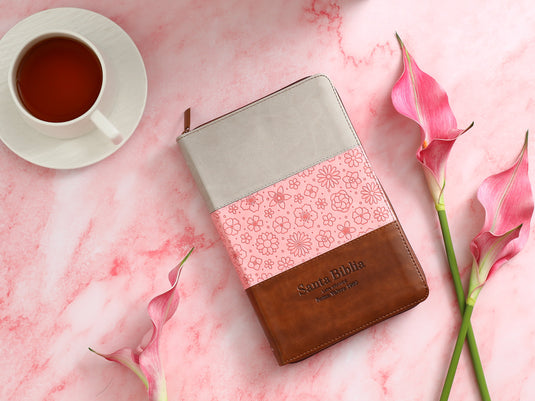 Biblia RVR 1960, Cierre zíper, con índice, Letra Grande, imitación piel gris,rosa,café