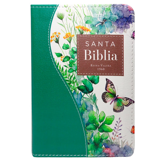 Biblia de Bolsillo RVR 1960, imitación piel verde flores y mariposas