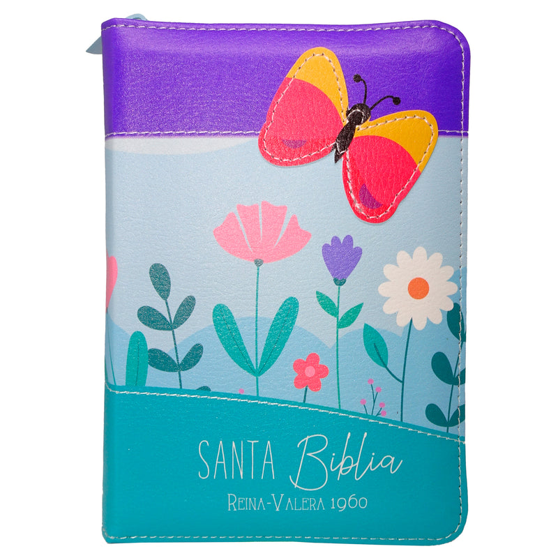 Cargue la imagen en el visor de la galería, Biblia de Bolsillo RVR 1960, Cierre zíper, imitación piel lila/azul/turquesa mariposa
