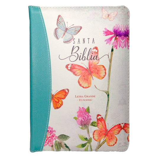 Biblia RVR 1960, Tamaño manual, Cierre zíper, con índice, Letra Gigante, imitación piel turquesa mariposas