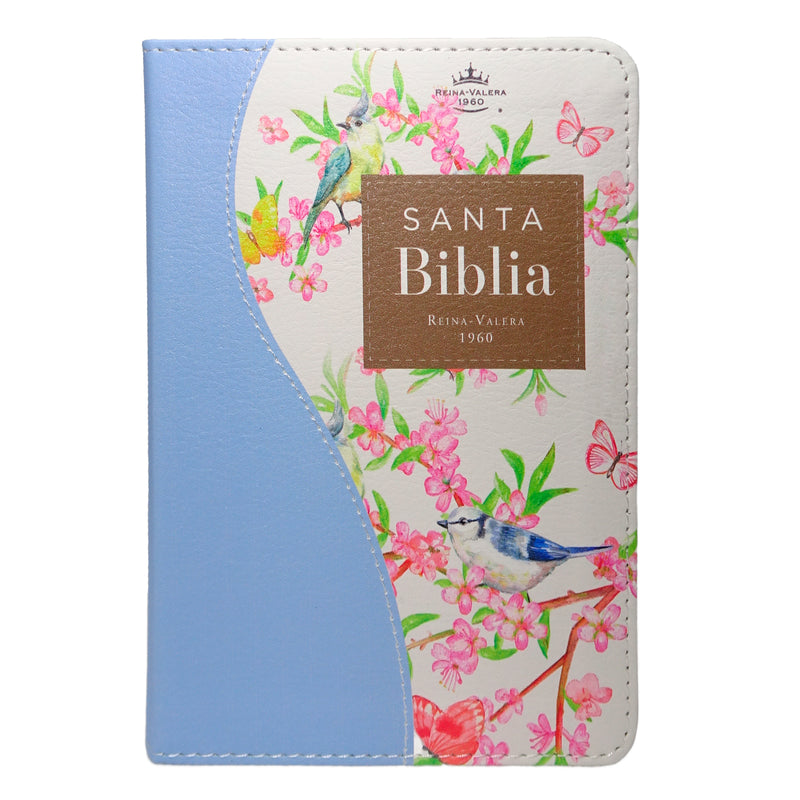 Cargue la imagen en el visor de la galería, Biblia de Bolsillo RVR 1960, imitación piel celeste flores y pájaros

