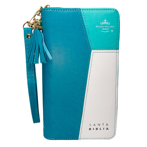 Biblia RVR 1960, Cierre zíper, con índice, símil piel turquesa con blanco- Tipo chequera