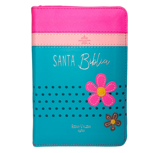 Biblia de Bolsillo RVR 1960, Cierre zíper, imitación piel fucsia/rosa/turquesa con flores