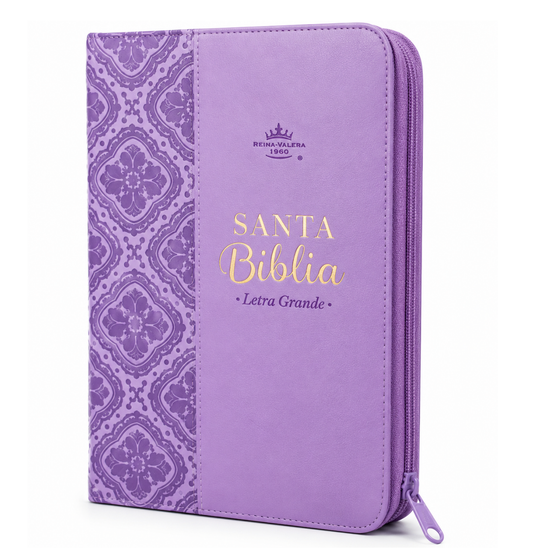 Biblia RVR 1960, Tamaño portátil, Letra Grande, Cierre zíper, imitación piel lila