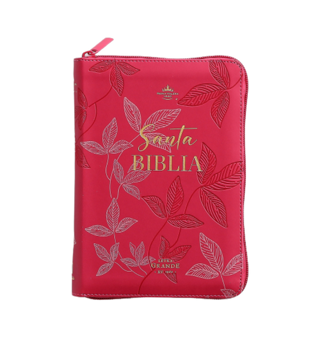 Biblia RVR 1960, Tamaño portátil, Cierre zíper, Letra Grande, imitación piel fucsia hojas