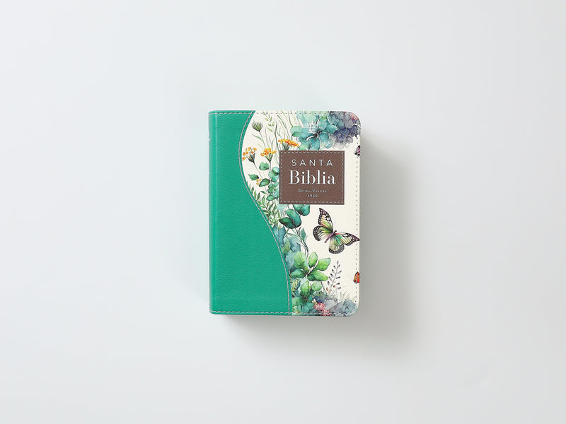 Cargue la imagen en el visor de la galería, Biblia de Bolsillo RVR 1960, imitación piel verde flores y mariposas
