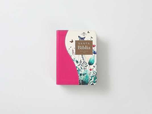 Biblia de Bolsillo RVR 1960, imitación piel fucsia flores y mariposas