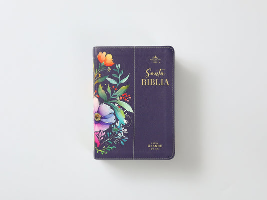 Biblia RVR 1960, Tamaño portátil, Letra Grande, imitación piel morada con flores