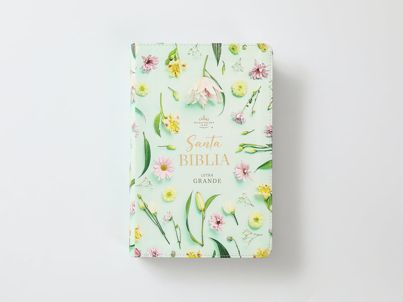 Cargue la imagen en el visor de la galería, Biblia RVR 1960, Tamaño Manual, Letra Grande, con índice, imitación piel celeste flores
