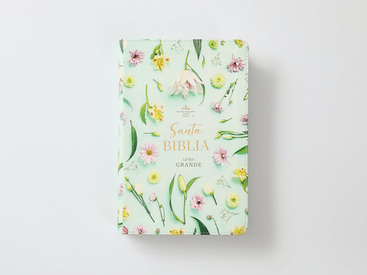 Biblia RVR 1960, Tamaño Manual, Letra Grande, con índice, imitación piel celeste flores