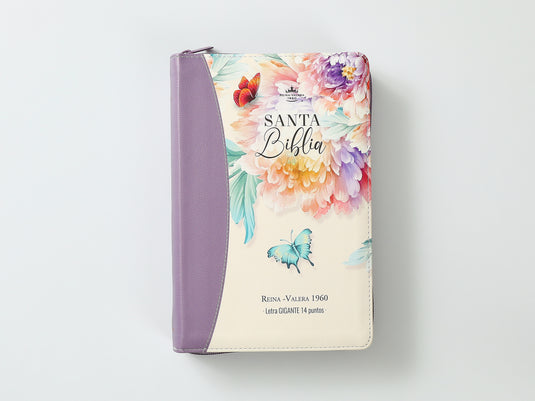 Biblia RVR 1960, Tamaño Manual, Cierre zíper, con índice, Letra Gigante, imitación piel lila jardín