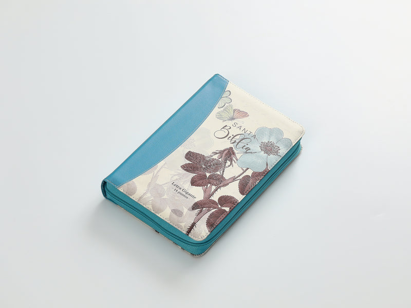 Cargue la imagen en el visor de la galería, Biblia RVR 1960, Cierre zíper, Letra Gigante, imitación piel turquesa Flores

