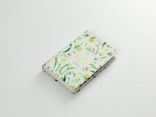 Biblia RVR 1960, Tamaño Manual, Letra Grande, con índice, imitación piel celeste flores