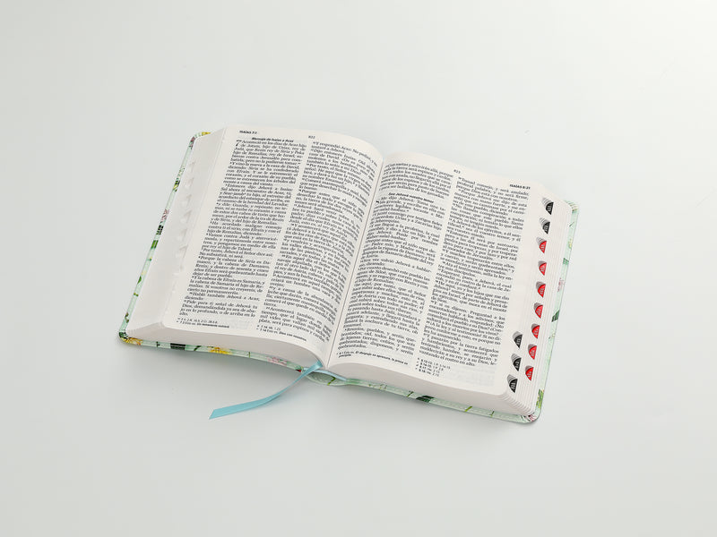 Cargue la imagen en el visor de la galería, Biblia RVR 1960, Tamaño Manual, Letra Grande, con índice, imitación piel celeste flores
