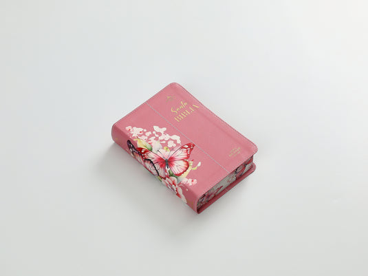 Biblia RVR 1960, Tamaño portátil, Letra Grande, imitación piel rosada con mariposas