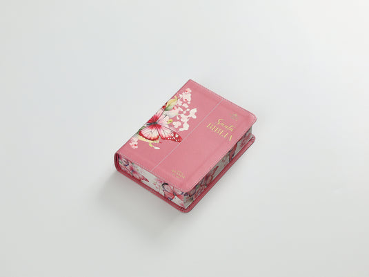 Biblia RVR 1960, Tamaño portátil, Letra Grande, imitación piel rosada con mariposas