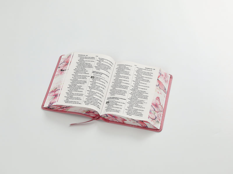 Cargue la imagen en el visor de la galería, Biblia RVR 1960, Tamaño portátil, Letra Grande, imitación piel rosada con mariposas
