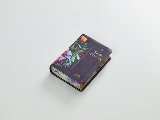 Biblia RVR 1960, Tamaño portátil, Letra Grande, imitación piel morada con flores