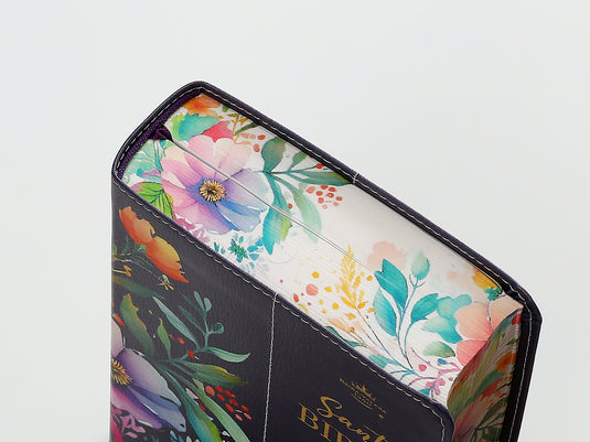 Biblia RVR 1960, Tamaño portátil, Letra Grande, imitación piel morada con flores