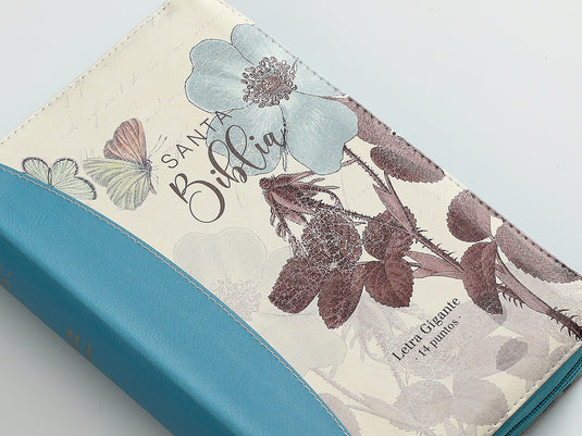 Biblia RVR 1960, Cierre zíper, Letra Gigante, imitación piel turquesa Flores