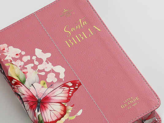 Biblia RVR 1960, Tamaño portátil, Letra Grande, imitación piel rosada con mariposas