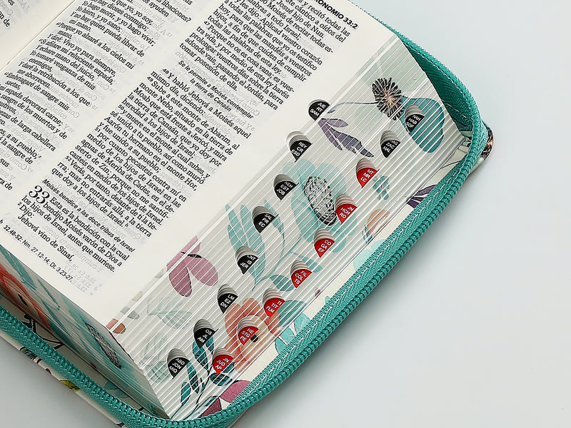 Cargue la imagen en el visor de la galería, Biblia de Bolsillo RVR 1960, Cierre zíper, con índice, imitación piel turquesa jardín

