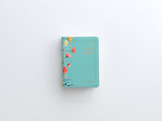 Biblia RVR 1960, Tamaño portátil, Letra Grande, imitación piel turquesa con flores
