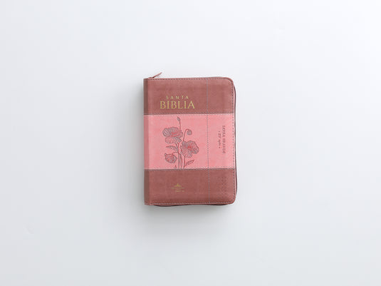 Biblia RVR 1960, Tamaño portátil, Cierre zíper, con índice, Letra Grande, imitación piel rosada con flores