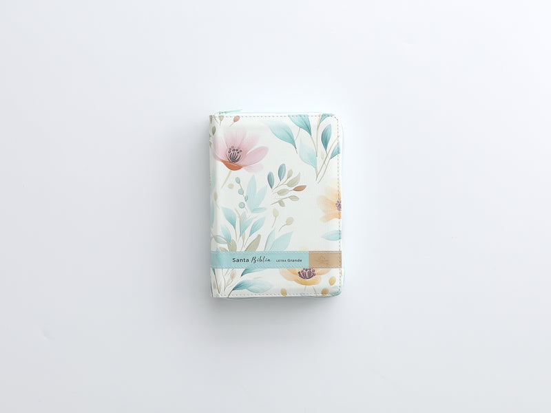 Cargue la imagen en el visor de la galería, Biblia RVR 1960, Tamaño portátil, Cierre zíper, con índice, Letra Grande, imitación piel blanca flores
