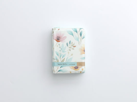 Biblia RVR 1960, Tamaño portátil, Cierre zíper, con índice, Letra Grande, imitación piel blanca flores