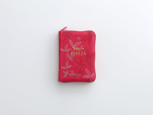 Biblia RVR 1960, Tamaño portátil, Cierre zíper, Letra Grande, imitación piel fucsia hojas