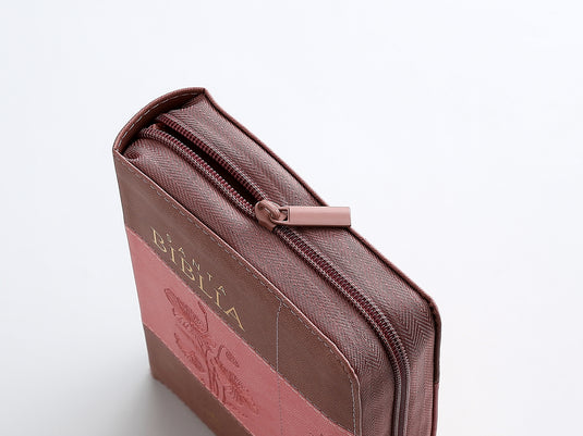 Biblia RVR 1960, Tamaño portátil, Cierre zíper, con índice, Letra Grande, imitación piel rosada con flores