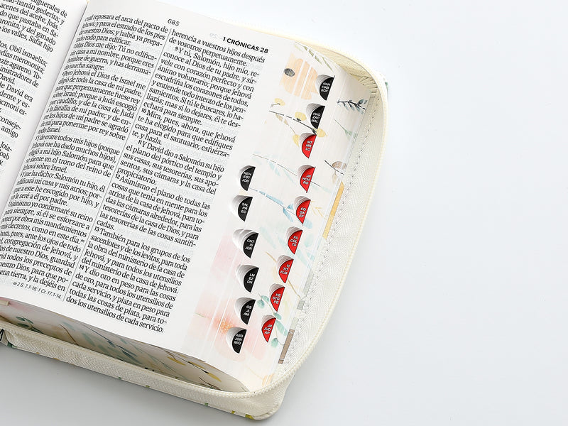 Cargue la imagen en el visor de la galería, Biblia RVR 1960, Tamaño portátil, Cierre zíper, con índice, Letra Grande, imitación piel blanca flores
