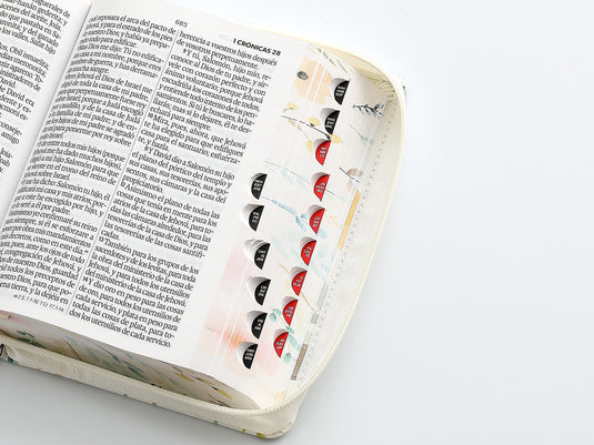 Biblia RVR 1960, Tamaño portátil, Cierre zíper, con índice, Letra Grande, imitación piel blanca flores