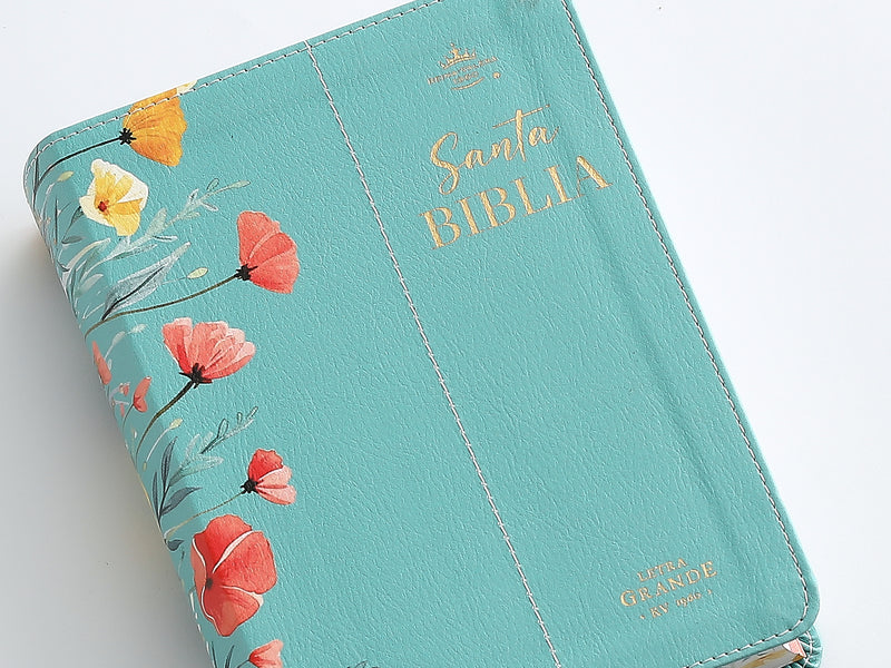 Cargue la imagen en el visor de la galería, Biblia RVR 1960, Tamaño portátil, Letra Grande, imitación piel turquesa con flores
