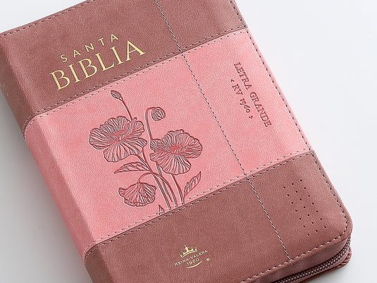 Biblia RVR 1960, Tamaño portátil, Cierre zíper, con índice, Letra Grande, imitación piel rosada con flores