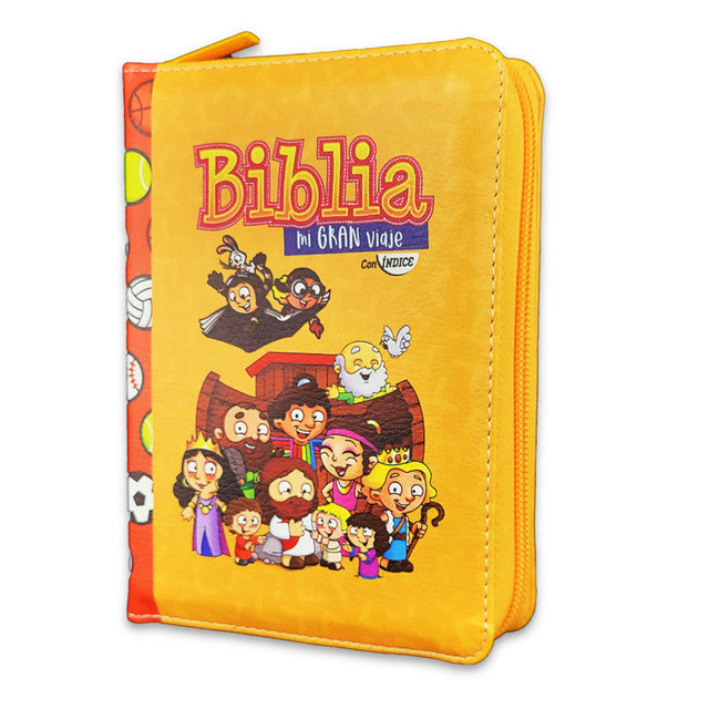 Cargue la imagen en el visor de la galería, Biblia para niños de bolsillo Mi gran viaje RVR 1960, con índice, Cierre zíper, imitación piel naranja
