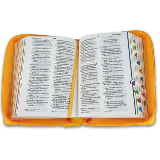 Biblia para niños de bolsillo Mi gran viaje RVR 1960, con índice, Cierre zíper, imitación piel naranja