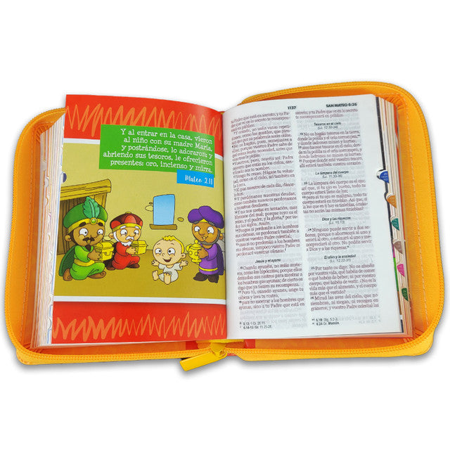 Cargue la imagen en el visor de la galería, Biblia para niños de bolsillo Mi gran viaje RVR 1960, con índice, Cierre zíper, imitación piel naranja
